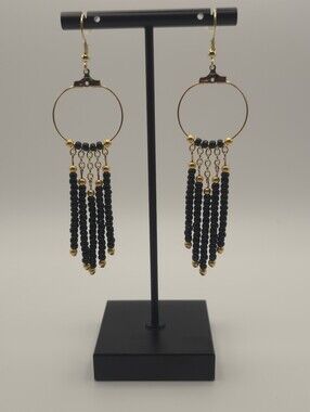 Hand Crafted Gold Hoop Earrings with Black Beaded Fringe